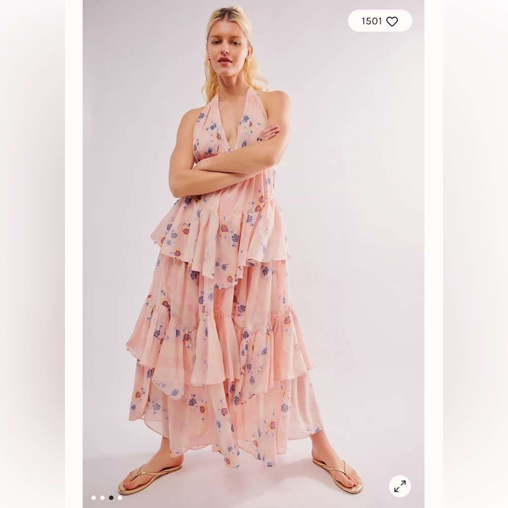 NEW Free People Stop Time Floral Pink Halter Ruffle Tiered Blush Maxi Dress XS - Picture 3 of 6